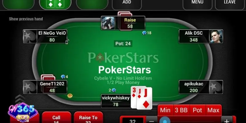 Giao diện bàn chơi Poker W365 với thiết kế hiện đại và trực quan